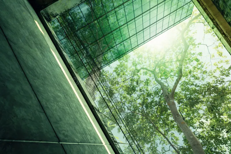 Sustainble Green Building Eco Friendly Modern City Sustainable Glass Office Tree Reducing Carbon Dioxide Environment 262087570